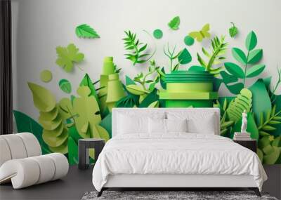 A white background featuring a green sustainable packaging startup focusing on biodegradable and recyclable materials, symbolizing sustainable packaging innovations Wall mural