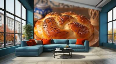 Braided dough. Freshly baked round challah. Holiday cheer. Pastry with sesame seeds. Golden-brown bread. Crusty. Shabbat-themed food dish with fluffy buns and sprinkles of white sesame seeds Wall mural