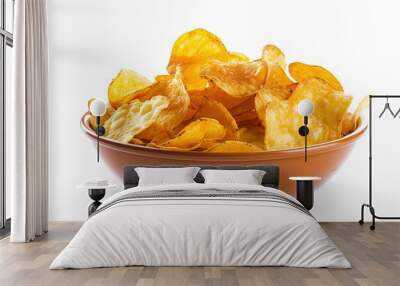 Salty and crispy snack, chips, in a brown deep dish isolated on white background Wall mural