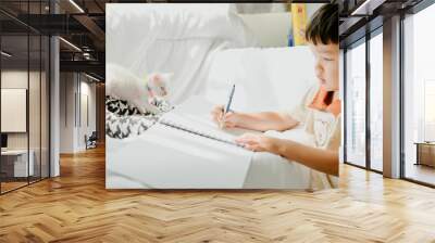 3 years old asian boy is drawing a picture of his cat in living room Wall mural