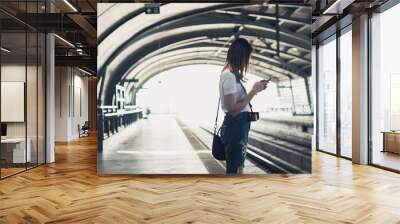 Business woman in subway using smartphone,Woman working on smart phone while traveling by train. Wall mural