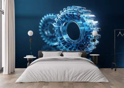 3D wireframe illustration of a gear on a dark blue background. Mechanical technology, industry development, engine work are machine engineering symbols. Wall mural