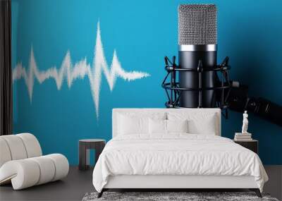 A condenser microphone with a shock mount set against a blue backdrop, featuring a white sound wave graphic on the left side for a modern look. Wall mural