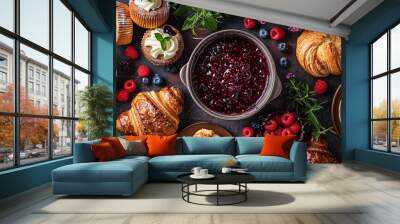 a cozy morning with a vibrant pot of wild berry jam paired harmoniously with a selection of freshly baked scones, muffins, and croissants. Plenty of space for text Wall mural