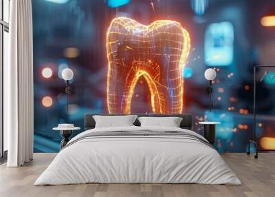 a cutting-edge healthcare illustration showcasing dental technology: A holographic tooth illustration highlighting modern dentistry advancements Wall mural