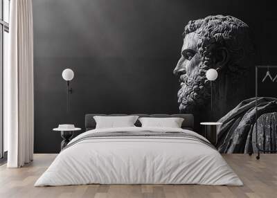 a dark of minimalist landscape depicting an ancient Greek society steeped in stoicism. Showcase ancient Greek architecture in black and white with a single monumental statue Wall mural