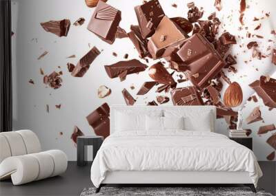 a detailed photograph of chopped chocolate almond and milk falling, on a white background, Wall mural