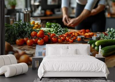 a fitness coach and client talking over a nutrition plan, with fresh vegetables and charts laid out on the table for a personalized approach. Wall mural