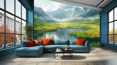 a grassy terrain with hills, water pools, green sky, foggy mountains, and flowers on hilltops, showcasing hyper-realistic mirror art with intricate details. Wall mural