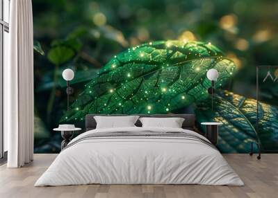 A green leaf adorned with a 3D glowing tech mesh, symbolizing advancements in green energy, sustainability, and environmental innovation Wall mural