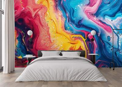 a lively abstract background with a marbling paint effect, showcasing an intensive blend of vibrant acrylic colors and fluid movement. Wall mural