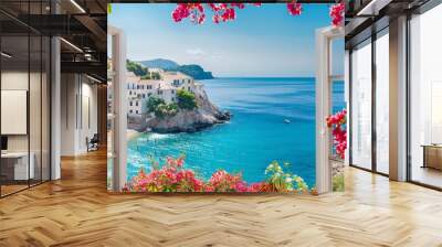 A Mediterranean view from an open window, featuring a serene sea, vibrant bougainvillea, and whitewashed houses under a clear blue sky Wall mural