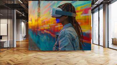 a professional graphic designer uses VR goggles to create colorful, futuristic digital art on a wall, showcasing innovation in street art. Wall mural