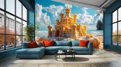 a sandcastle adorned with kids' toys and surrounded by sandcastle building tools against a scenic vacation beach backdrop. Wall mural