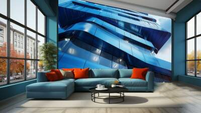 A striking 3D render of a sleek blue building, embodying innovation and architectural excellence Wall mural