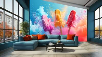 a stunning minimalist vector art poster for a luxurious ice cream shop, featuring popsicle elements bursting into the air amidst vibrant, intense colors. Wall mural