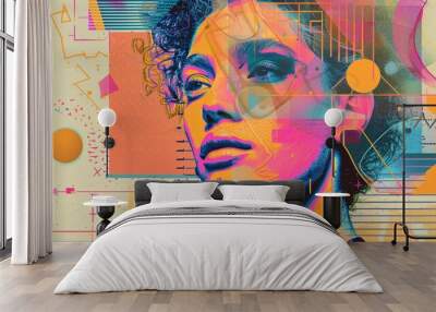 a trendy illustration blending retro elements in a vibrant paper collage style Wall mural