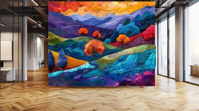 a vibrant landscape crafted from neon silk threads, rich in color and texture Wall mural