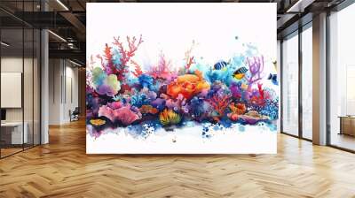 a vibrant watercolor depiction of an underwater paradise, teeming with colorful marine life, against a pure white backdrop. Wall mural