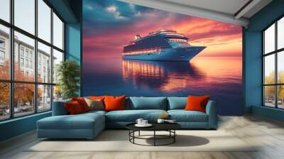 A warmly lit cruise ship floats on the tranquil ocean at twilight, its reflection shimmering on the water, with a soft, dusky sky behind it. Wall mural