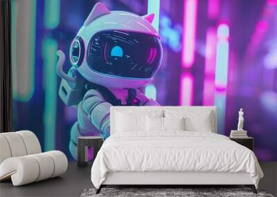 a white robot cat with a black visor, hovering with an anti-gravity backpack with a color scheme of purple, pink, and blue. Wall mural