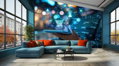 A woman utilizes a tablet no brand for online payments and shopping, while holographic screens display Wall mural