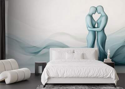 Abstract art of two bodies in a flowing embrace, minimalist style, soft blue shades on light grey, no defined facial features or hands, emphasizing smooth curves. Wall mural