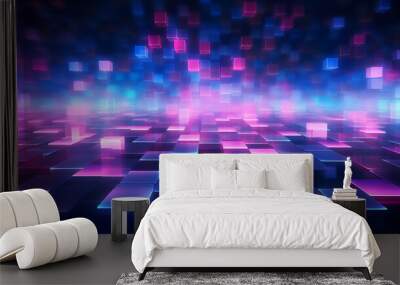 Abstract background with pink blue glowing neon bokeh lights. data transfer concept, digital wallpaper Wall mural