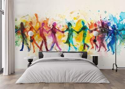 Abstract watercolor painting of diverse people group united, colorful brushstrokes/splashes form figures holding hands in circle. Vibrant colors, flowing forms, unity illustration Wall mural