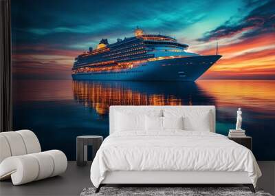 Against a twilight backdrop, a cruise ship radiates warm light, its glow mirrored perfectly on the calm ocean surface, creating a serene and magical scene. Wall mural