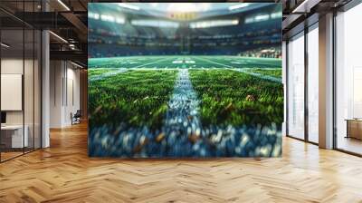 American football stadium with a green grass field and blurred fans, top view, capturing the excitement of outdoor sports and championships. Wall mural