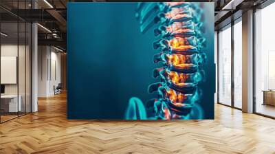 An X-ray of the human spine against a blue background. The neck spine highlighted in yellow-red indicates areas of concern. Depicting medical examinations for spinal injuries Wall mural