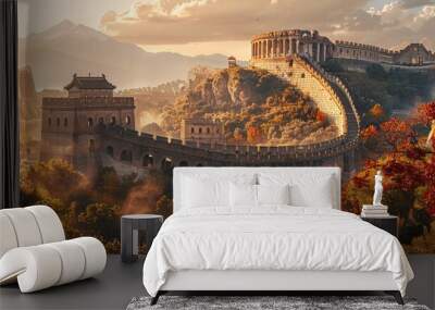 Artistic blend of the Great Wall of China and Roman Colosseum, showcasing historical wonders Wall mural