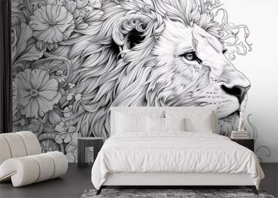 Artistic coloring page of Lion with intricate patterns and floral backdrop Wall mural