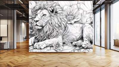 Artistic coloring page of Lion with intricate patterns and floral backdrop Wall mural