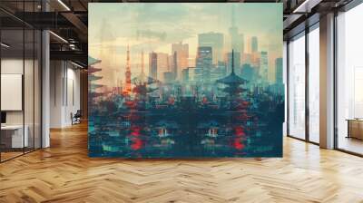 Blend of cultures: Tokyo's skyline with the temples of Kyoto in a mesmerizing double exposure Wall mural