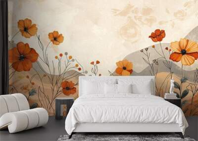 Boho chic meets retro elegance of an art deco poster in muted earth tones, adorned with flowers and leaves in a simple line drawing Wall mural