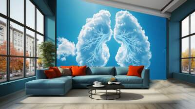 Breath of fresh air for World Pneumonia Day: cloud shaped like lungs on a blue sky, celebrating lung health and clean air. Wall mural