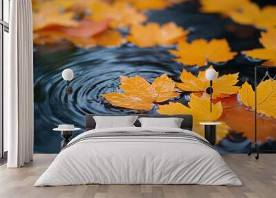 Bright yellow-orange fallen maple leaves floating in water, creating a vivid autumn background. Wall mural