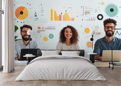 Business team in a flat illustration, collaboratively planning their goals and strategies for the future, emphasizing strategic thinking and unity. Wall mural