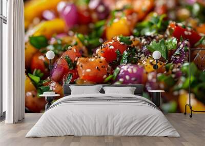 Close-up of a colorful vegetable stir-fry with a medley of fresh, vibrant veggies, showcasing a healthy, appetizing dish. Wall mural