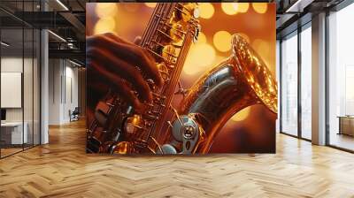 close-up of a saxophonist’s hands on the instrument, capturing intricate brass details and key presses, with ambient stage lighting and a blurred jazz club background. Wall mural