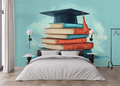 Colorful illustration of a stack of graduation books, topped with a graduation cap and diploma, celebrating educational milestones. Wall mural