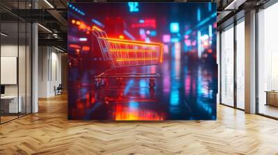 Cyber Monday: the biggest online shopping event, featuring neon lights, sale banners, and digital shopping carts. Wall mural