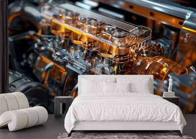 Detailed view of transparent car engine with hood open, showcasing inner workings. Wall mural