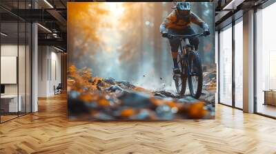 Downhill mountain biking man on the rocky street with forest background. Bright afternoon sunshine. Ground level viewpoint Wall mural