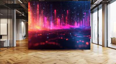 Dynamic 3D sound waves and data graphs, vibrant and colorful against a dark background, representing abstract audio data visualization. Wall mural