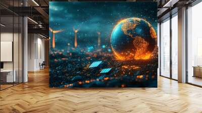 Earth Day concept with a glowing Earth, showcasing renewable energy elements like wind turbines and solar panels for eco-friendly practices. Wall mural