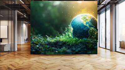 Earth Day glowing concept: radiant Earth surrounded by renewable energy sources, promoting environmental conservation and protection Wall mural