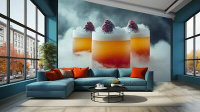 Elegant liquid nitrogen cocktails surrounded by dense fog, highlighting the art of modern mixology with a mysterious twist. Wall mural